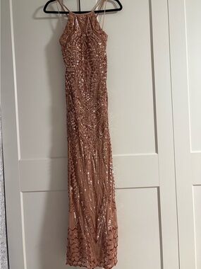 Night Way Collections Rose Gold Sequin Halter Maxi Dress